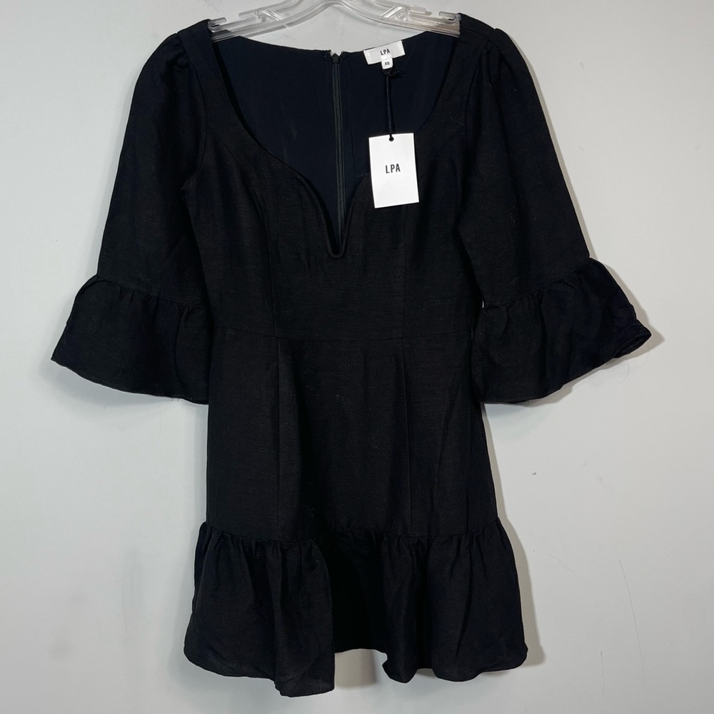 NWT LPA Revolve Dress 495 Black XS Linen Blend Ruffle Mini Minimalist Boho LBD - Picture 9 of 16